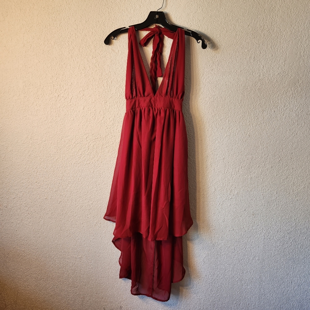 Azbro Women red Halter open back dress high low chiffon v neck sz small NWT sexy - Picture 11 of 12